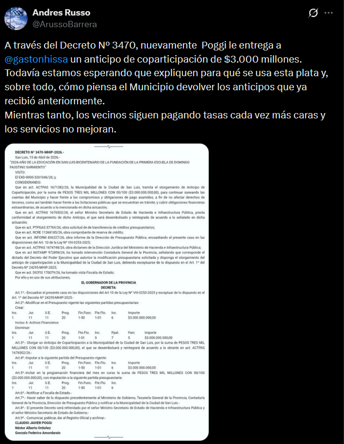 El Bloque Justicialista exige explicaciones por un nuevo anticipo de $3.000 millones al Municipio